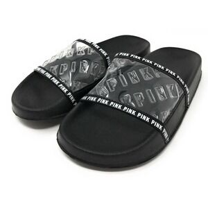 Victoria Secret PINK Single Strap Black Clear Slides - Size Small (5-6) Women's